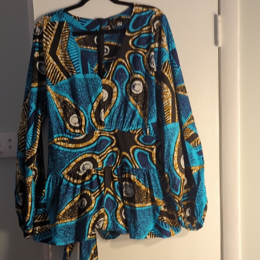 Omi Long Sleeve Blue/Gold Patterned Peplum Blouse